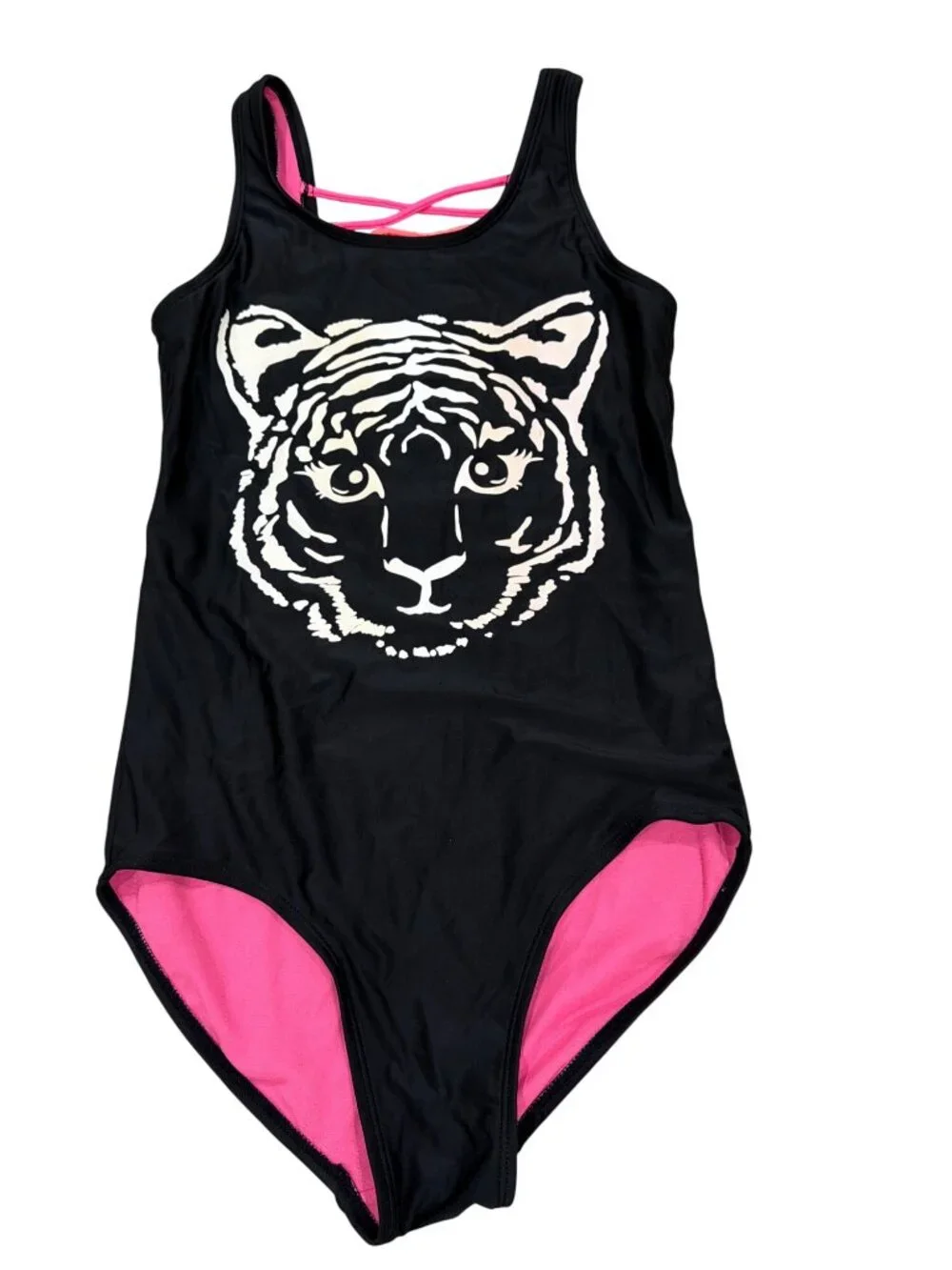 Justice Girls 14 Black Tiger One-Piece Swimsuit With Pink Lining Rainbow Crisscr